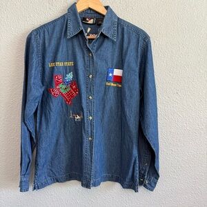 Lone Star State Texas Gal Denim Button Front Shirt Size‎ Small Embroidered